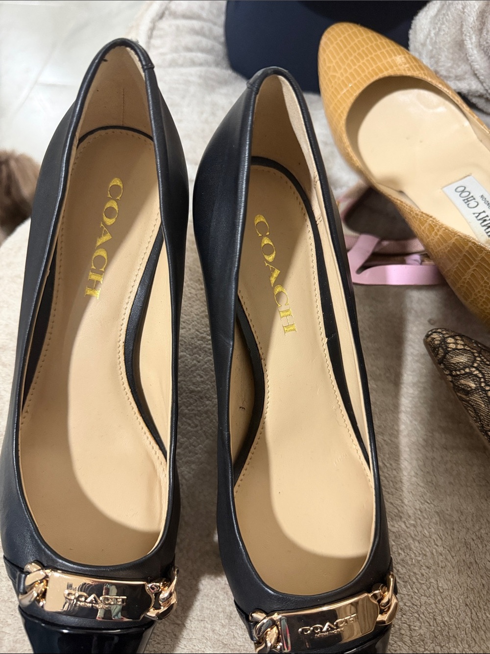 Coach Black Leather heels with Gold Chain Accent - Picture 2 of 4